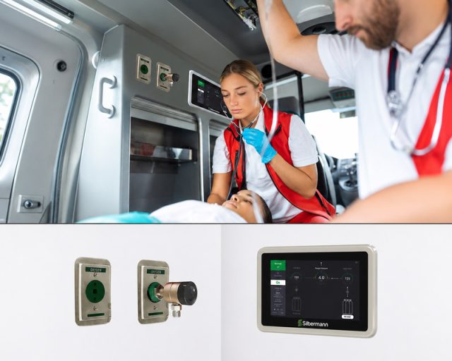 Ambulance oxygen delivery system for two cylinders with automatic switchover, touchscreen alarm monitoring, and medical oxygen outlets.
