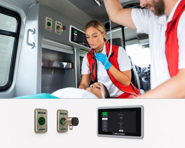 Ambulance Oxygen Delivery System with continuous oxygen flow, real-time monitoring, and touchscreen alarms for safe patient transport